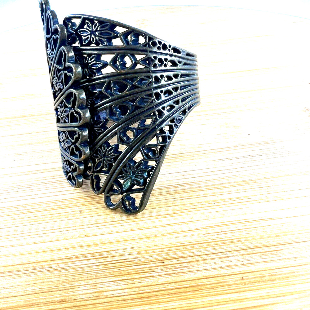 Vintage Hinged Clamp Bracelet Heart Floral Filigree Brass Feminine Bohemian